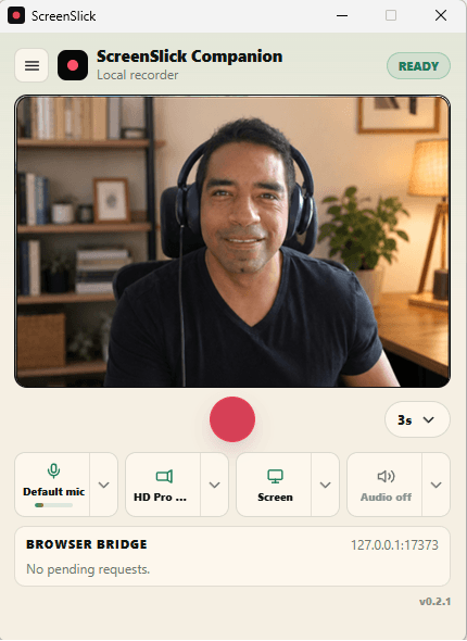 ScreenSlick desktop recorder with a creator in a softly blurred home office