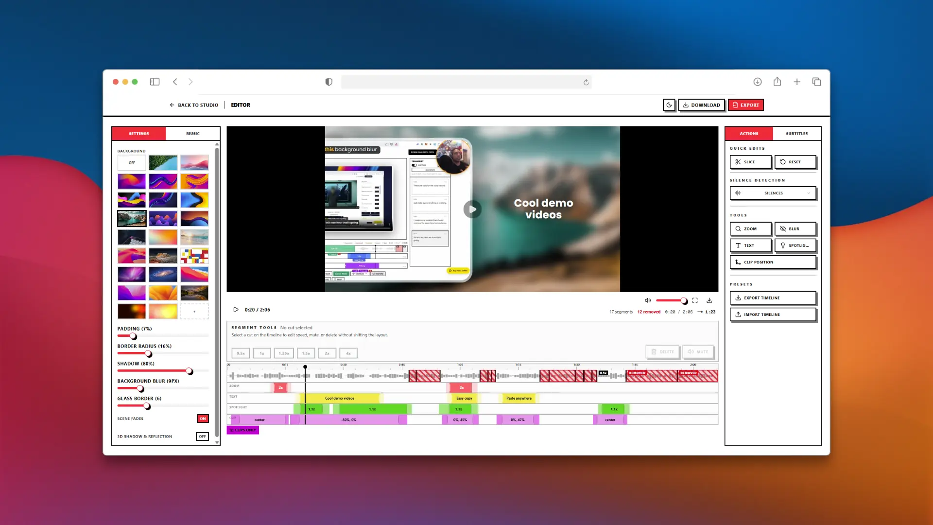 ScreenSlick editor with timeline, preview, and inspector